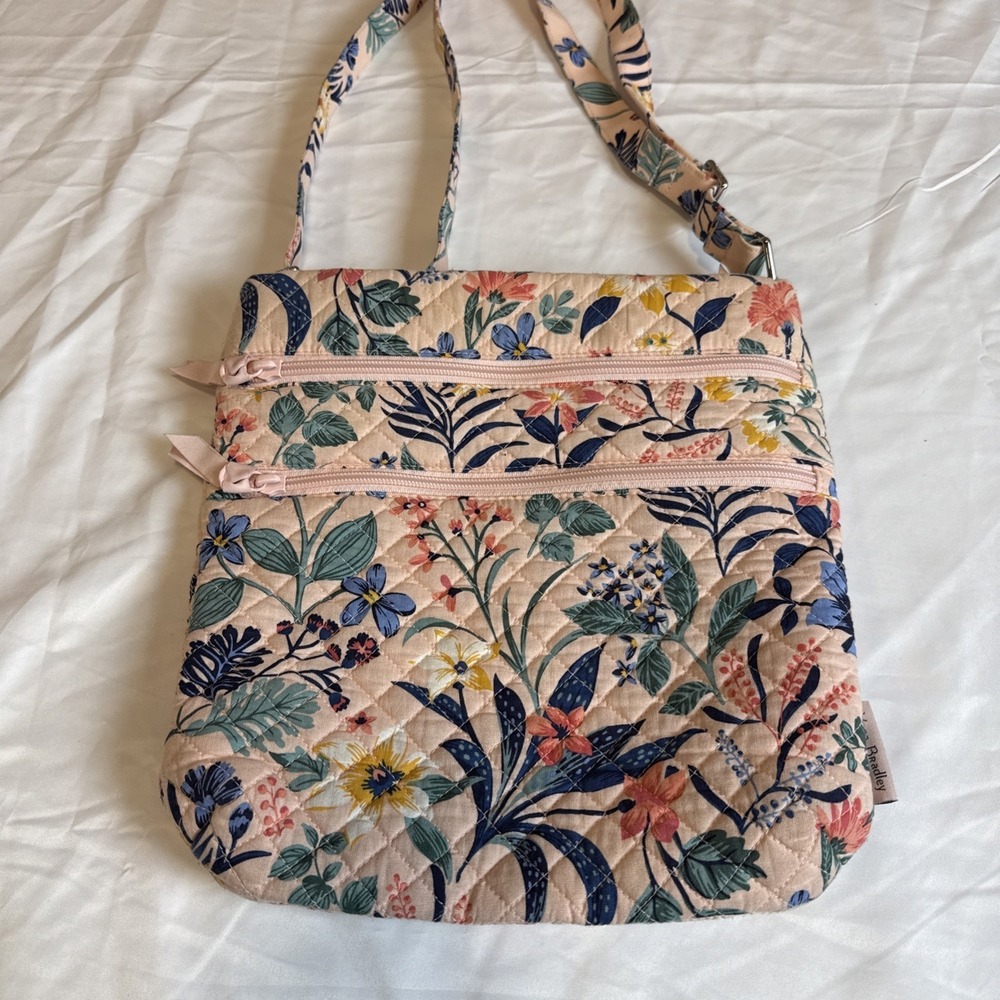 Vera Bradley Triple Zip Cotton Floral Pink Crossbody Bag Shoulder Tote Quilted